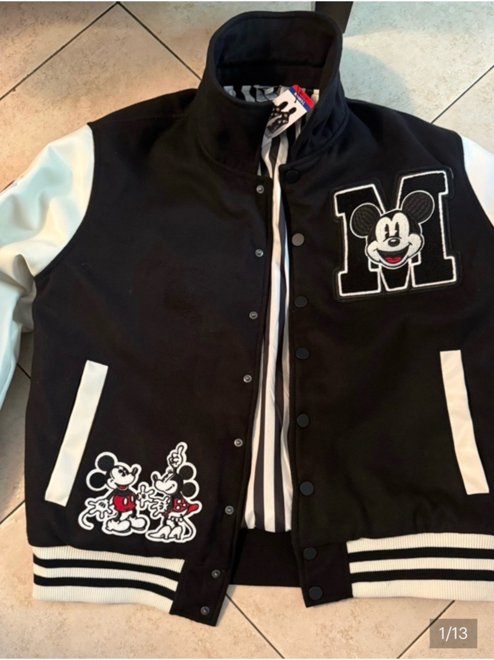 Disney Black & White Mickey Varsity Jacket with Patch Details